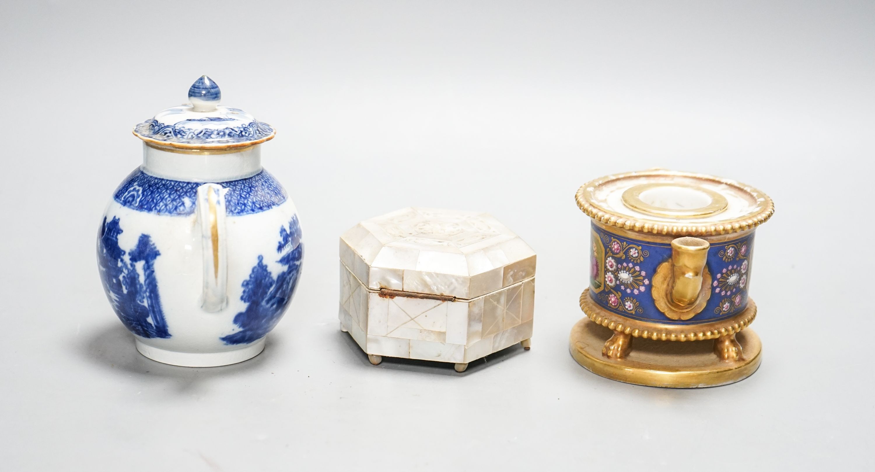 A Schoelcher Paris porcelain inkwell on stand, an 18th blue and white miniature teapot and a hexagonal mother of pearl lidded box (3)